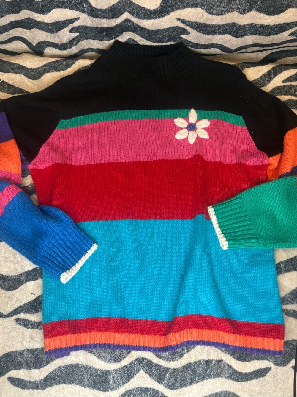 VTG 90s Sag Harbor Rainbow Striped 3D Daisy Mock Neck Sweater L